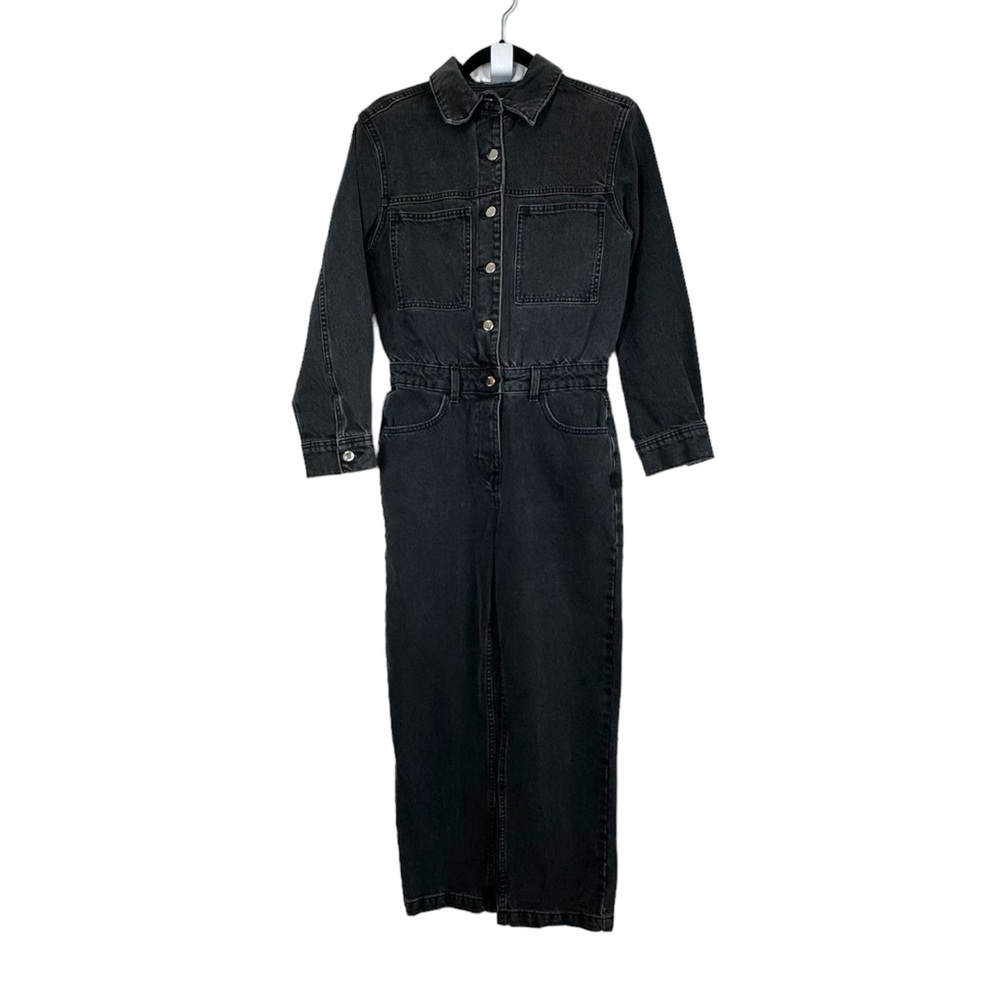 Zara Jumpsuit Denim Coverall Straight Leg Button Front